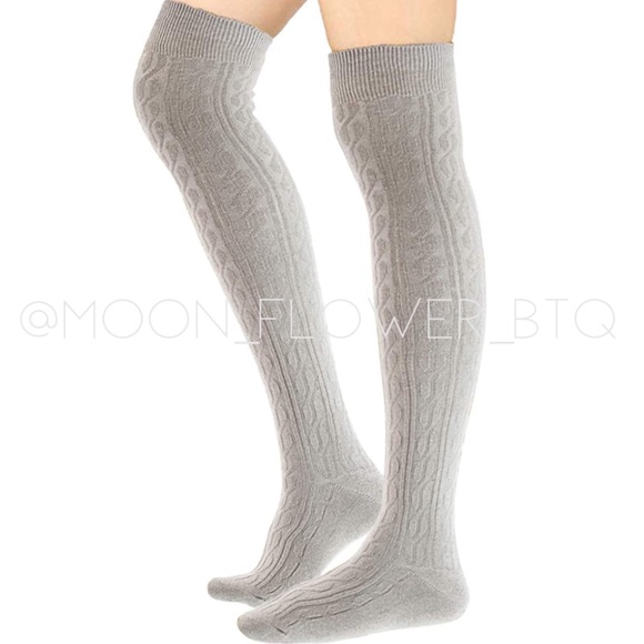 MoonFlowerBtq Accessories - Gray Cable Knit Thigh High Socks | Over the Knee Cozy Winter Stockings